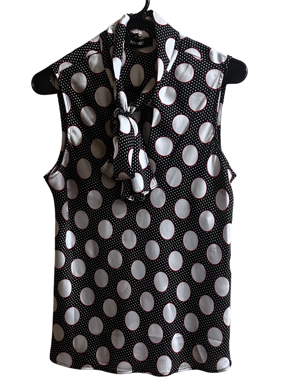 Nine West Black and White Polka Dot Tie-Neck Sleeveless Blouse